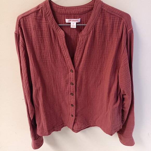 Joe Fresh Cotton Gauze Long Sleeve V Neck Button Shirt, Woman Small - Picture 1 of 8